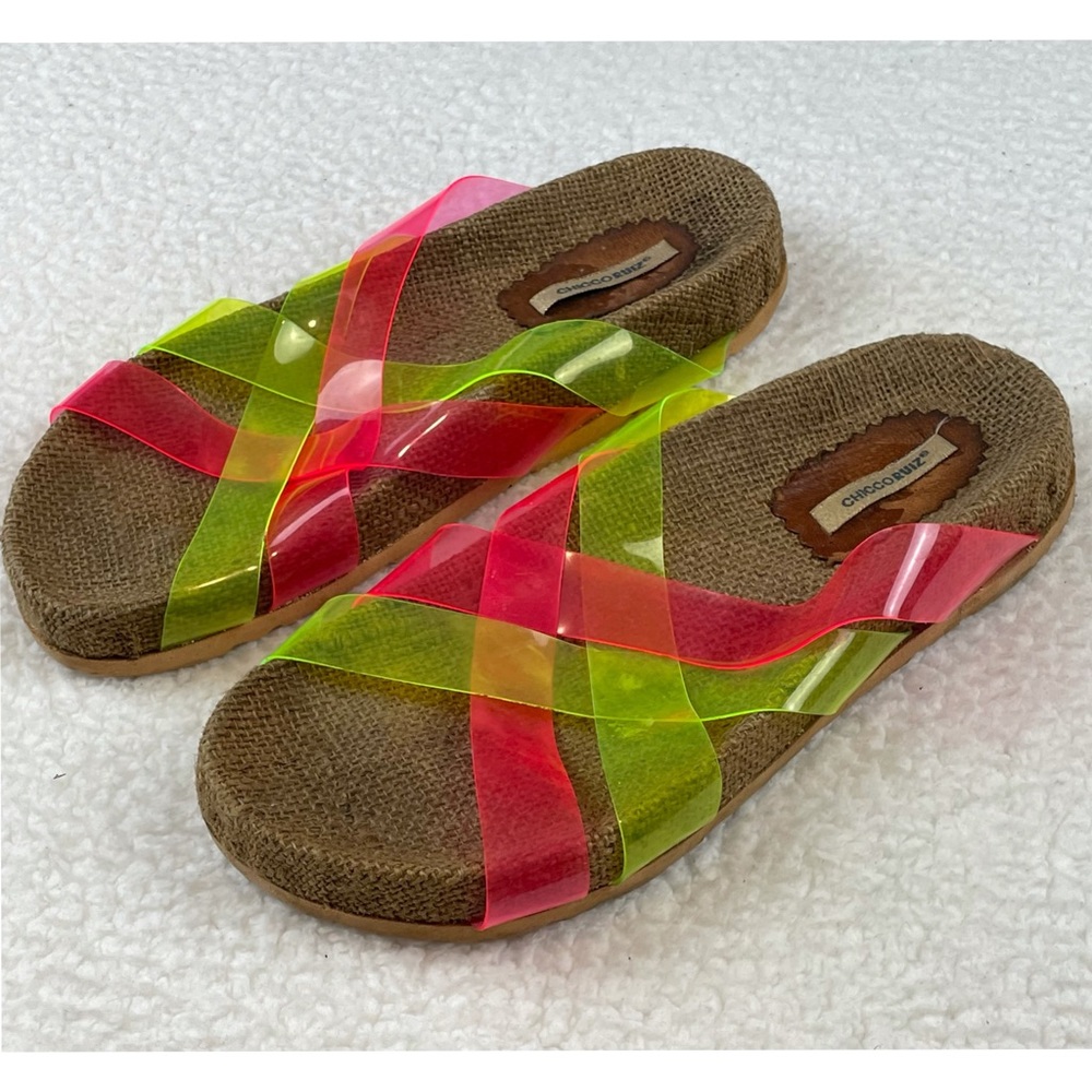 CHICCO RUIZ • Pink and Green Criss Cross Slip-On Sandals, 8.5 - Picture 7 of 16